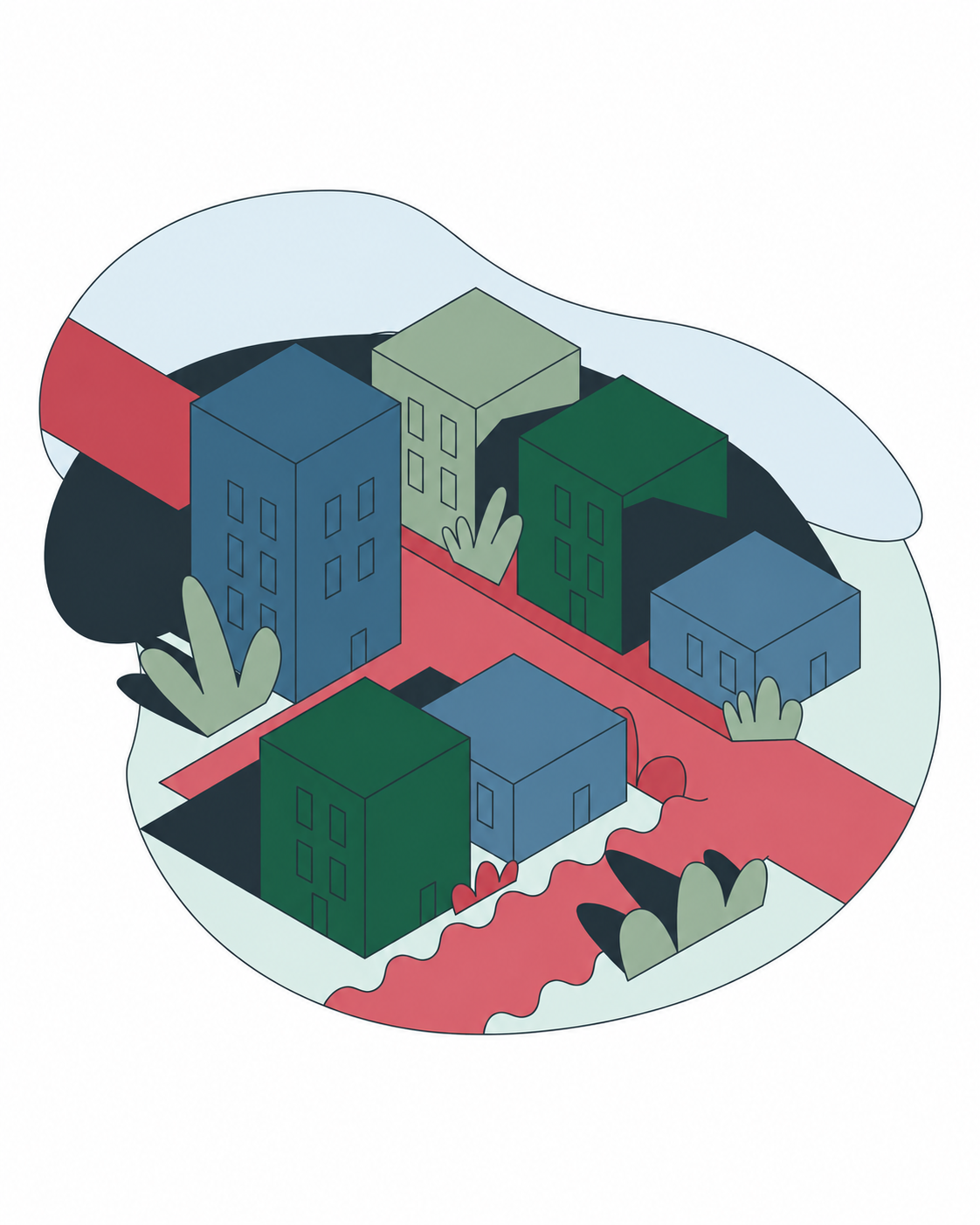 Illustration of neighborhood buildings joined by shared paths