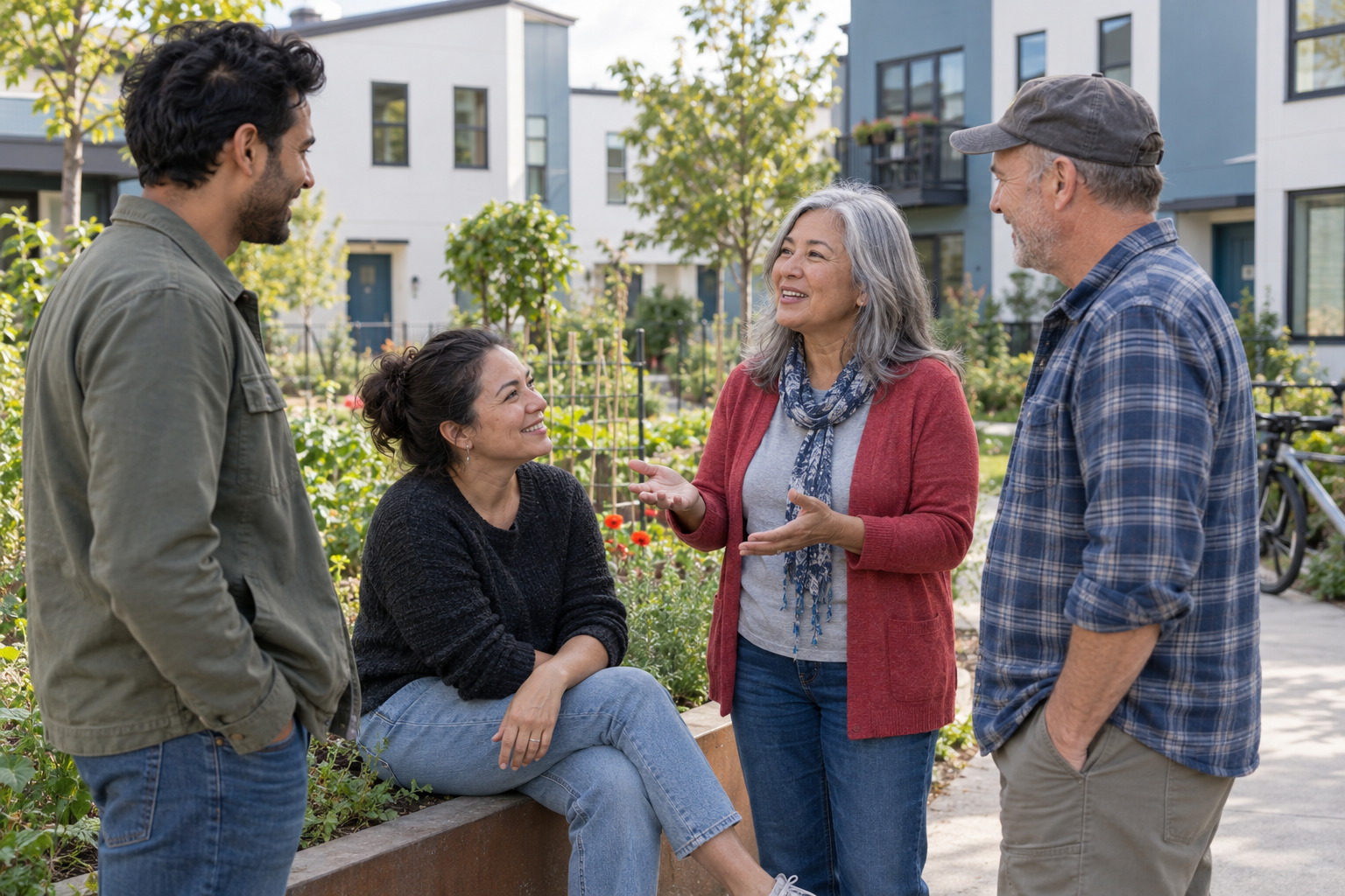 Illustrative scene of neighbors talking in a shared residential garden